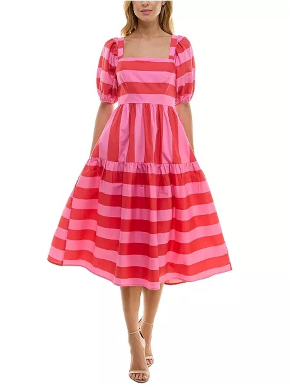 Crystal Doll Pink Red Stripe Puff Sleeve Midi Dress Cottagecore Size Small - Picture 1 of 10